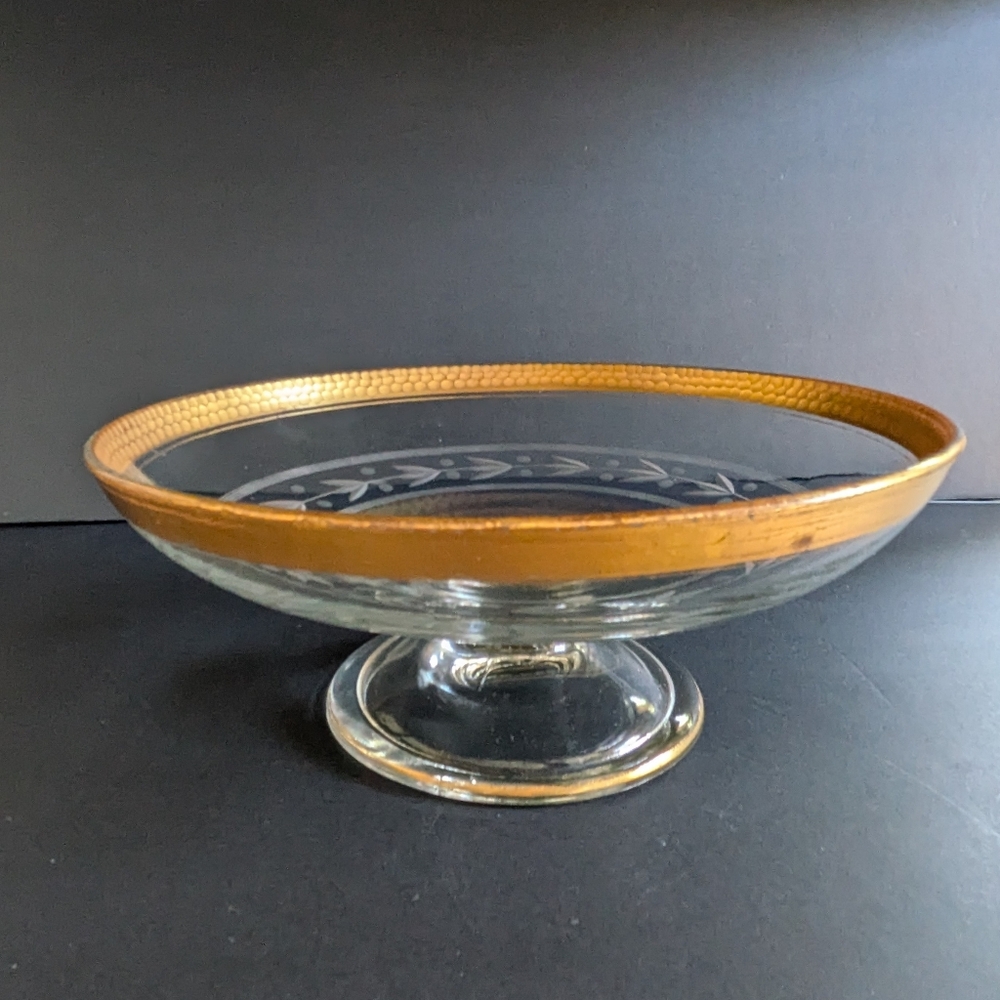 Vintage Footed Compote Fruit Bowl Etched Depression Glass Pebbled Gold Rim